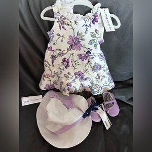 Janie and Jack ponte white floral 3-6 months dress, hat, and shoes set NWT